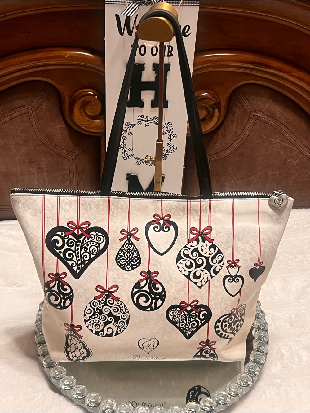 Brighton White and Black Heart & Ornament Motifs and Red Ribbon Accents tote bag - Picture 3 of 16
